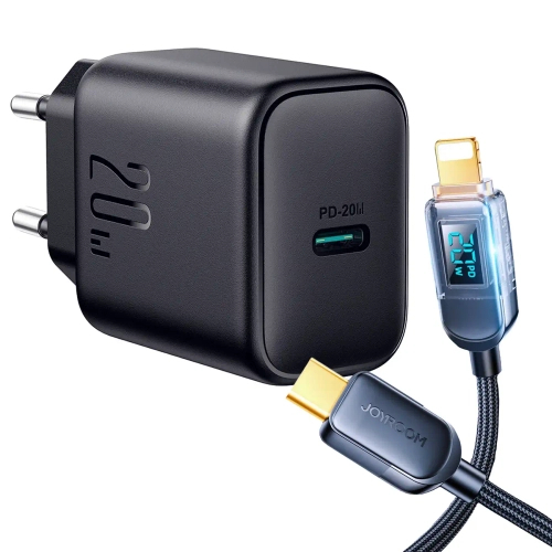 Sada: Nabíječka do zásuvky Joyroom JR-TCF20 USB‑C PD 20W – černá + kabel Joyroom A4 USB‑C na Lightning 20W 1,2 m s displejem – černý