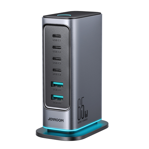 Joyroom JR-TCM02 Víceportová GaN nabíječka 65W EU 4x USB-C 2x USB-A - tmavě šedá
