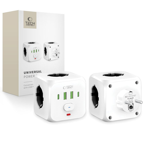 Rozbočovací zásuvka Tech-Protect PCL3x4, 2x USB-A, 2x USB-C, 3x AC typ kostka - bílá