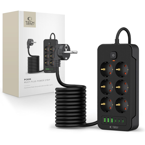Tech-Protect PC6X6 prodlužovací kabel, 6 zásuvek, USB-A/C, 2 m