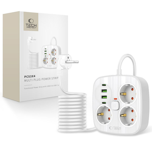 Tech-Protect PCS3X4 prodlužovací kabel, 3 zásuvky, USB-A/C, 2 m, bílý