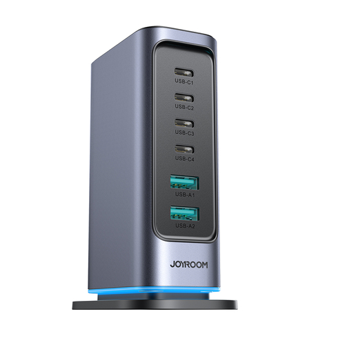 Joyroom JR-TCM02 GaN nabíječka 65 W, 4× USB-C + 2× USB-A – tmavě šedá