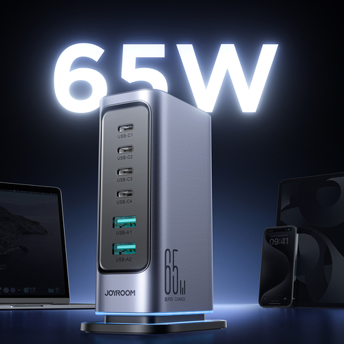 Joyroom JR-TCM02 GaN nabíječka 65 W, 4× USB-C + 2× USB-A – tmavě šedá