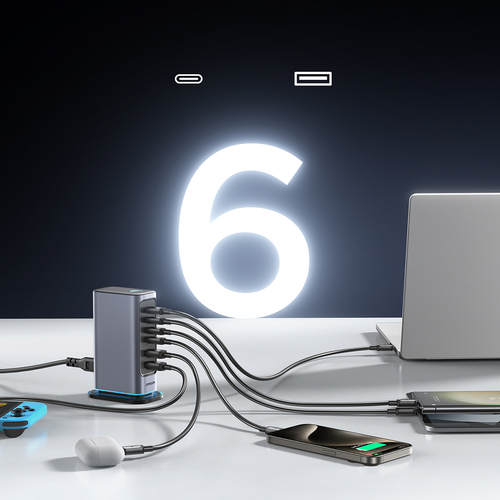 Joyroom JR-TCM02 GaN nabíječka 65 W, 4× USB-C + 2× USB-A – tmavě šedá