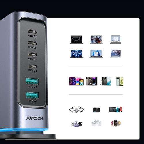 Joyroom JR-TCM02 GaN nabíječka 65 W, 4× USB-C + 2× USB-A – tmavě šedá